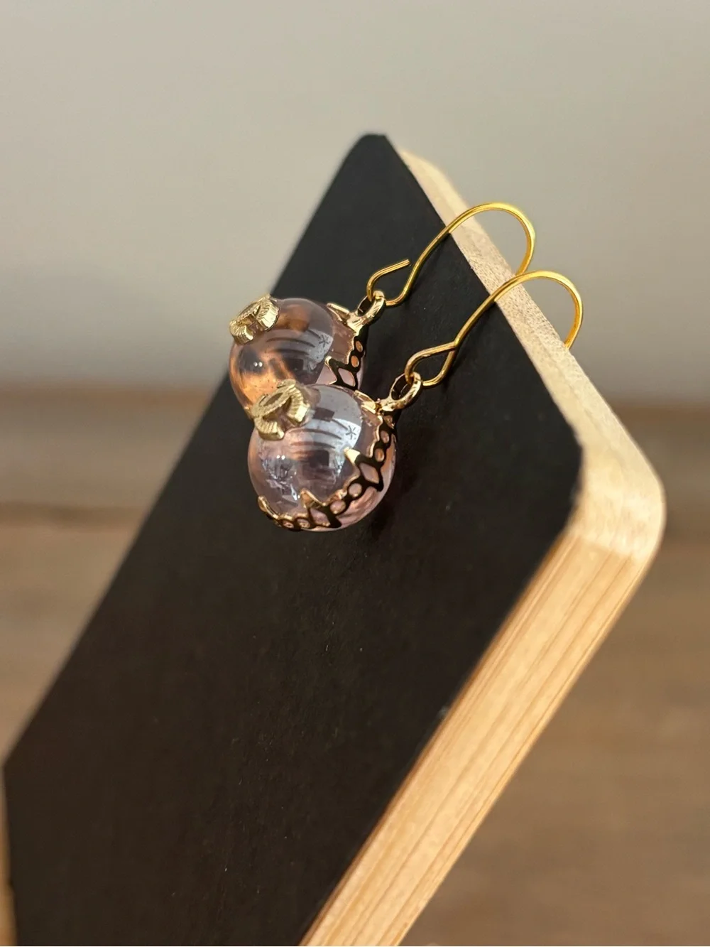 Glossy Pink CC Logo Gold Tone Scalloped Designer Logo Earrings